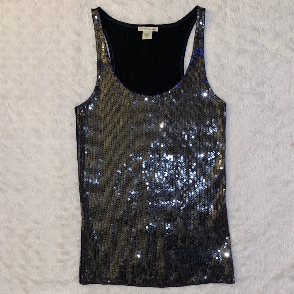 White + Warren Indie Sleeze Mob Wife Black and Silver Sequin Stretchy Tank Top